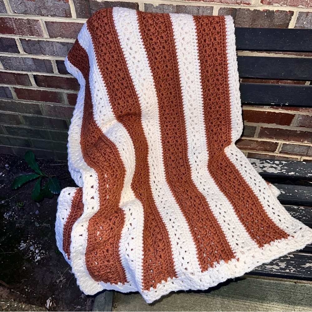 Vintage handmade crochet burnt orange and cream stripe afghan blanket